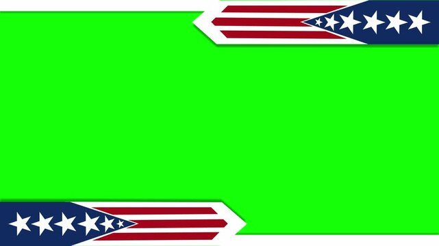 Animated of Patriotic American Stars and Stripes Green Screen Frame With Red White Blue Border and Corner Accent. In-Out motion graphics for video overlays.