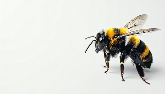 A detailed close-up of a bumblebee with yellow and black stripes, showcasing its wings and legs on a clean white background