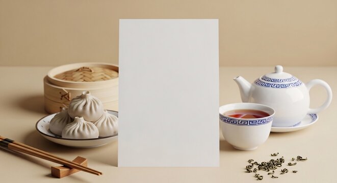 Coffee and tea cups with blank paper mockup on wooden table, suitable for cafe branding and menu design.
