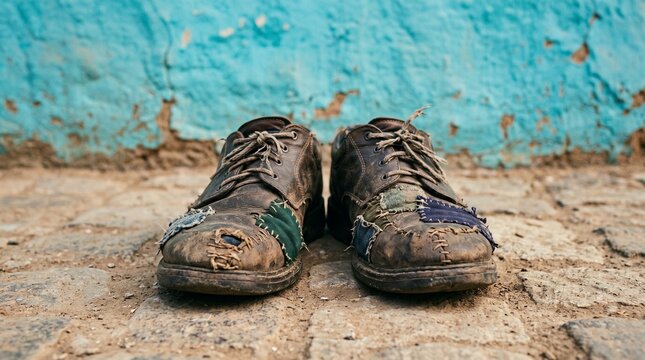 patched, worn shoes sit on cobbles, a metaphor for the humble dignity found in mending a life through persistence.