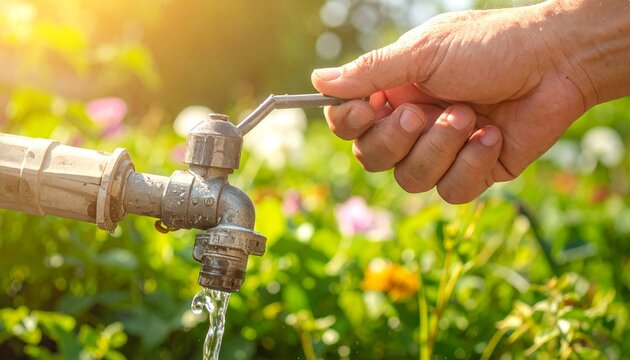 Hand turning on a garden faucet, water flowing onto plants in a sunny garden