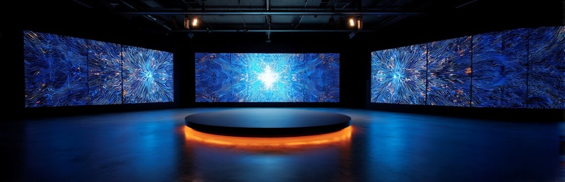 Futuristic studio with curved screens displaying abstract blue patterns and a glowing orange platform in the foreground, evoking a sense of advanced technology and digital