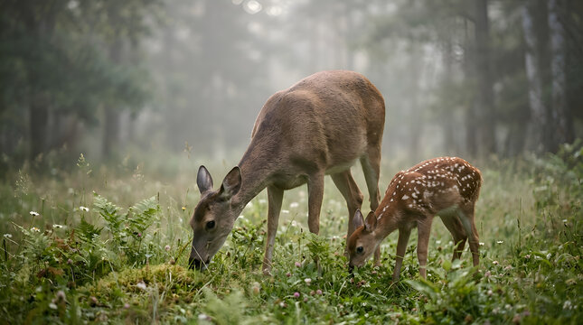Deer Family Grazing in a Foggy Forest at the Meadow