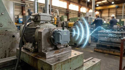 Fototapeta premium Medium shot of a wireless vibrationsensing machine base capturing realtime resonance data for predictive maintenance in a manufacturing environment.