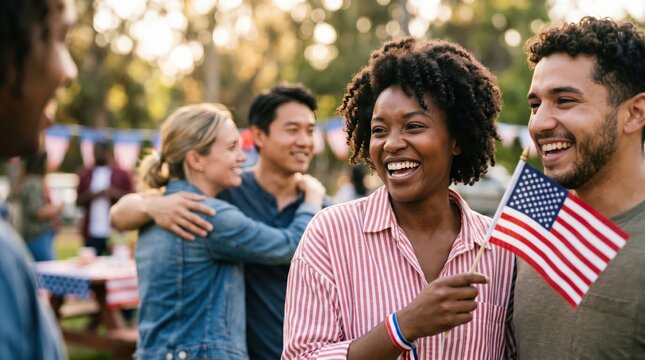 Diverse Young Adults Celebrating Independence Day with American Flags at Outdoor Party