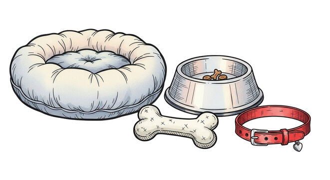 Hand drawn cute pet care supplies set with dog bed bowl bone and red collar on a transparent background