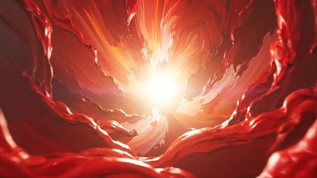 Abstract swirling vortex of vibrant red and black paint with a bright light source