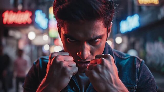Young man in fighting stance on a neon-lit city street at night.