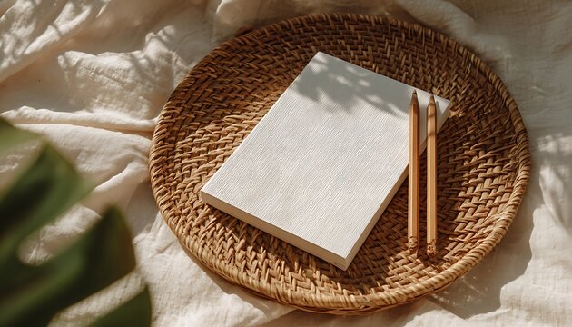 Overhead view of a blank notebook and two pencils resting on a woven placemat on a textured fabric surface with dappled sunlight