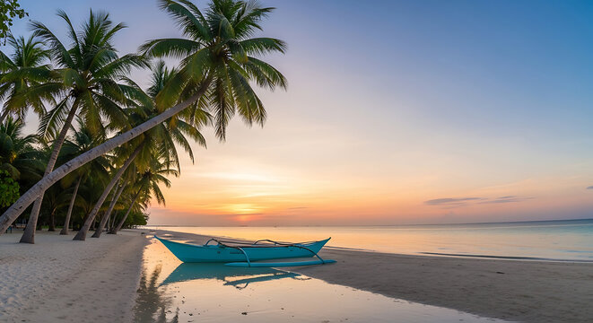 Serene Tropical Sunset on a White Sand Beach with Leaning Palm Trees and a Traditional Outrigger Boat Resting on the Shoreline of a Peaceful Exotic Island Paradise