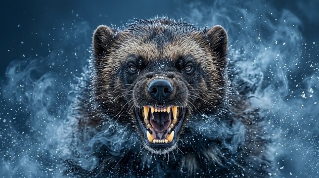 Aggressive wolverine snarling with bared teeth in swirling blue smoke.