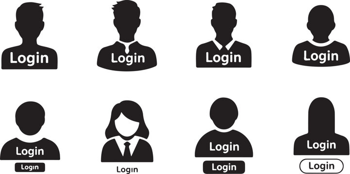 Silhouette icons of people with login text for user authentication and online access
