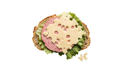 Sliced bread sandwich with lettuce bologna sausage and swiss cheese on a transparent background © Vitalo4ok