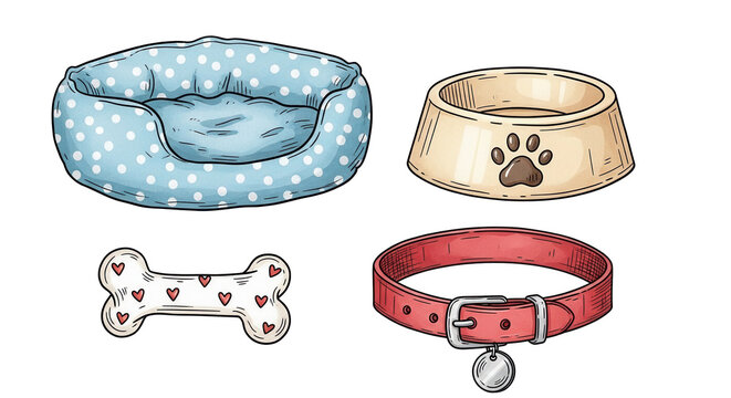 Hand drawn cute pet care supplies set with dog bed bowl bone and red collar on a transparent background