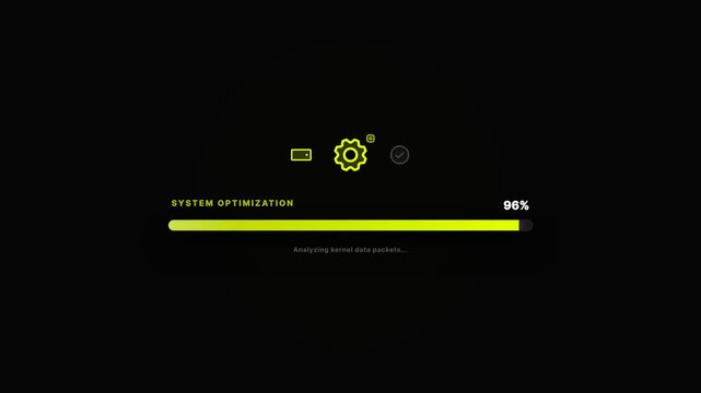 System Update Optimization Animation with Gear Icon and Yellow Progress Bar for Software Installation and Upgrade UI Interface Design