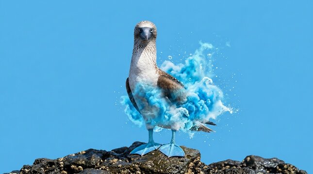 Blue-footed booby bird with conceptual blue explosion effect on blue background.