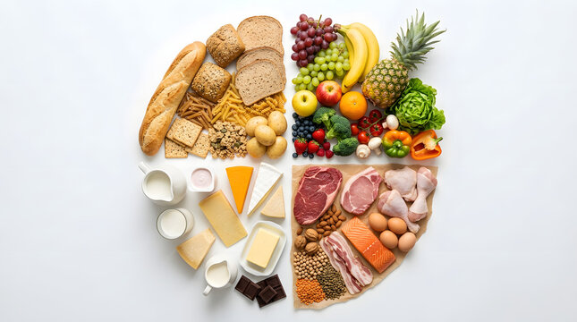 Nutritional Wheel of Balanced Food: A visually appealing and informative illustration showcasing a wide array of healthy food categories arranged in a circular format.