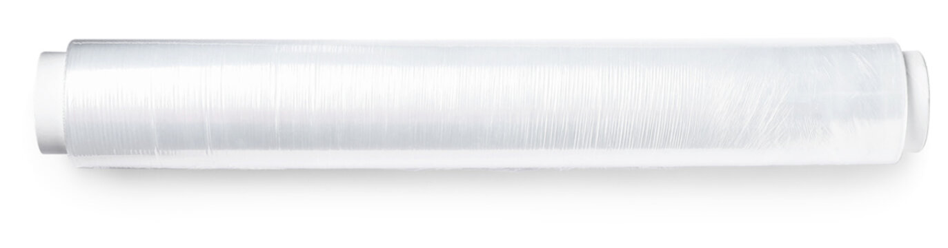 Roll of plastic film isolated on white, top view