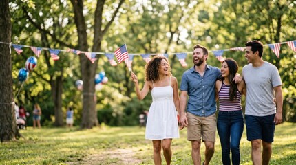 Fototapeta premium Diverse Young Adult Friends Walking Together in Park Celebrating Summer Holiday with Flags