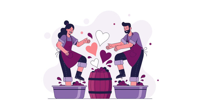 Couple Stomping Grapes, Making Wine, Hearts Symbolizing Love and Partnership