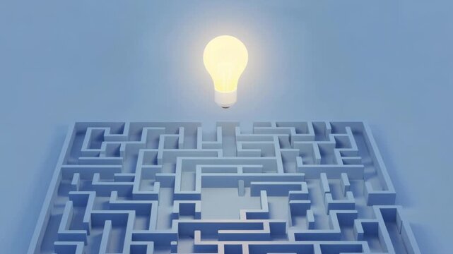 Glowing light bulb rising above complex 3D maze symbolizing breakthrough and innovation concept
