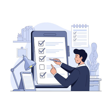Businessman reviewing checklist on a large digital tablet, completing tasks.