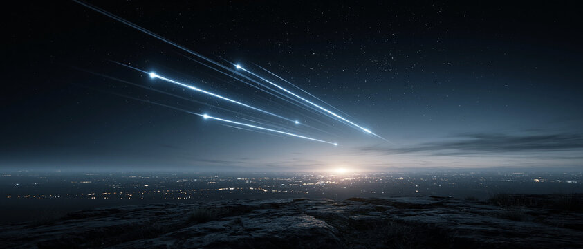 Celestial event shooting stars over a city skyline at dawn night sky astrophotography tranquil landscape