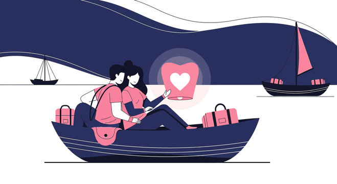 Couple Sailing with Heart Lantern, Romantic Journey Illustration