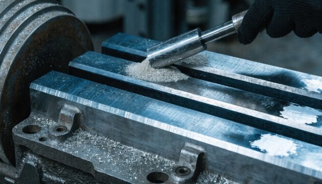 Detailed view of flat way scraping on a machine slide highlighting careful bluing and handfitting to ensure flatness and reduce friction during movement.