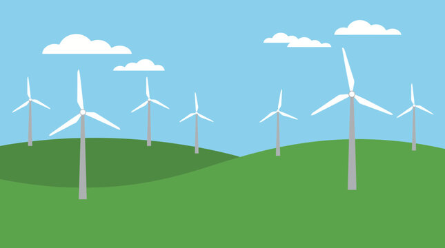 Wind Turbines Farm in Green Field Landscape