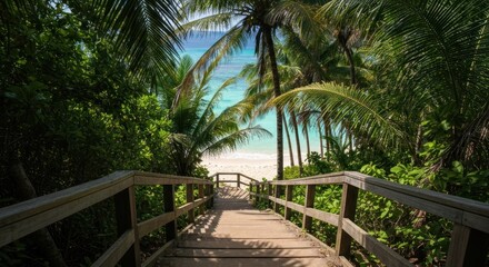 Fototapeta premium Wooden walkway leads to a tropical beach