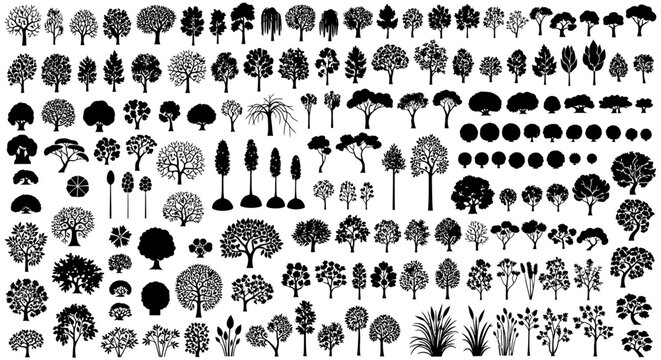 black tree and plant silhouette vector icons a diverse collection perfect for nature-themed graphic design projects