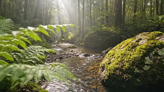 Sunlight streams through a lush green forest illuminating a gentle flowing stream