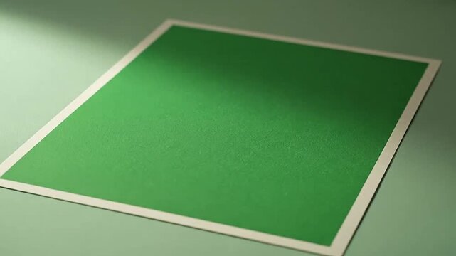 A plain green paper sheet with a white border rests on a muted green surface