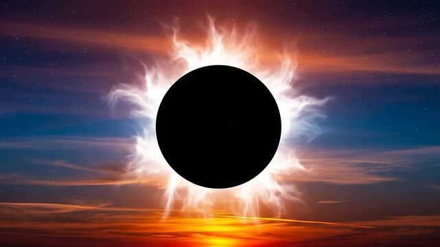 A celestial body obscures the sun during a colorful sunset with scattered clouds and stars