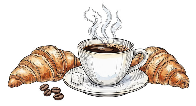 Hand drawn illustration of a breakfast set with a cup of hot coffee, croissant, sugar cube and coffee bean on a transparent background.