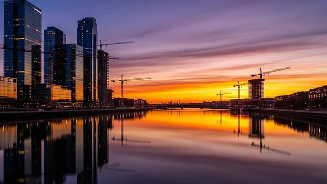 Modern city skyline with cranes at sunset reflected in the water
