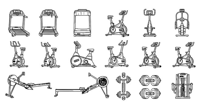 line art collection of gym equipment fitness machines and workout gear outlines for exercise and active lifestyle visuals