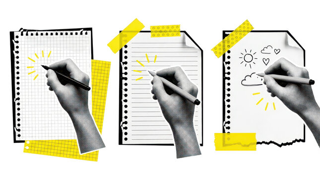 Three hands drawing on different types of lined and gridded paper with bright yellow tape accents creating a collage effect 176 characters creativity art sketch design writing