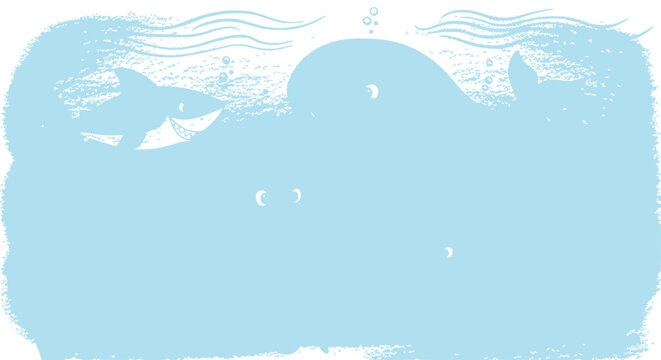 Whimsical Underwater Scene: Friendly Shark and Mysterious Whale Silhouette