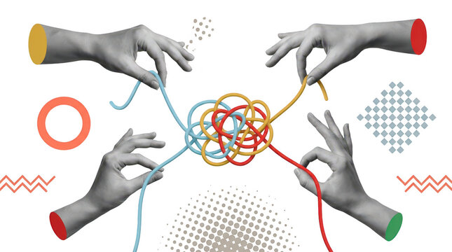 Four disembodied hands in a collage style manipulate a tangled knot of colored ropes symbolizing complexity and collaboration connection unity teamwork problem solving abstract