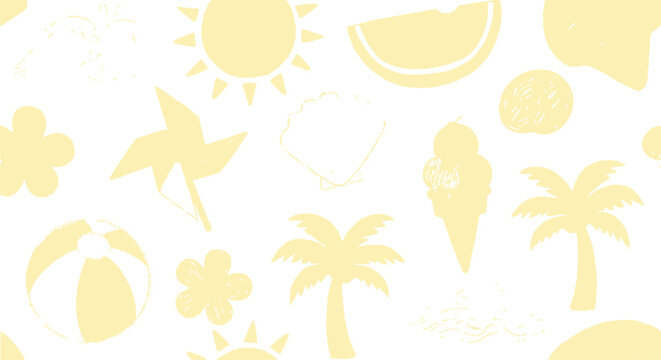 Summer Vacation Icons Pattern - Sun, Palm Trees, Ice Cream, Beach Ball, Pinwheel