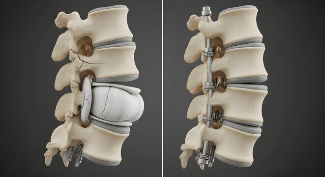 Spine disc herniation before and after surgical fixation, medical 3D illustration of lumbar spine injury and treatment concept