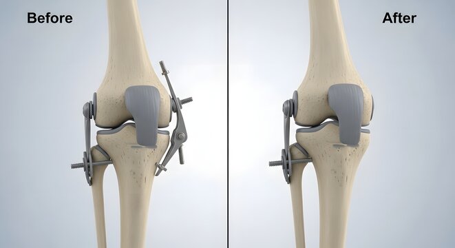 Knee joint alignment correction before and after treatment, orthopedic medical 3D illustration of knee deformity and repair concept