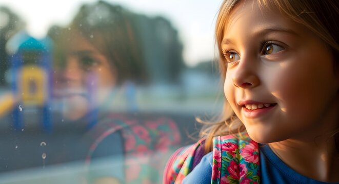 Young girl with backpack looking out window, anticipating back to school, education, and learning, childhood joy