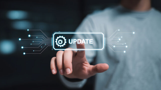 Software update concept with man touching digital button and gear icon. System maintenance, firmware upgrade, technical improvement, cyber security patch, data sync, and application optimization