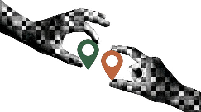 Two hands with a halftoned effect hold and present distinct location pin markers in green and rust colors against a white backdrop map pointer navigation choose select decision
