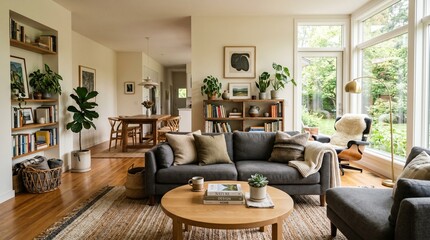 Fototapeta premium Modern farmhouse living room interior with cozy sofa, wooden furniture