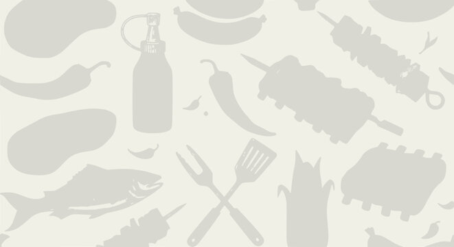 BBQ Pattern: Grilled Food, Skewers, Fish, Meat, Corn, Chili, Oil Bottle, Utensils
