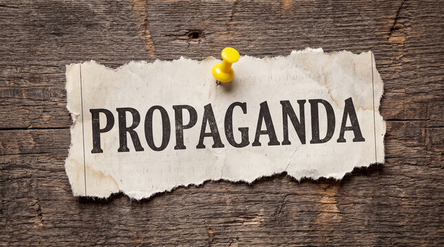 Propaganda Word Printed on Torn Newspaper Fragment Pinned to Grungy Wooden Plank for Media Manipulation and Information War